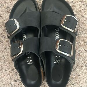 Birkenstock Black Arizona Two-Strap Sandals with BIG Silver Buckle